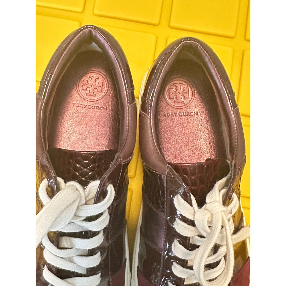 Tory Burch Howell Court Sneakers Burgundy Croc Patent Leather Multi Colorblock - Picture 11 of 16